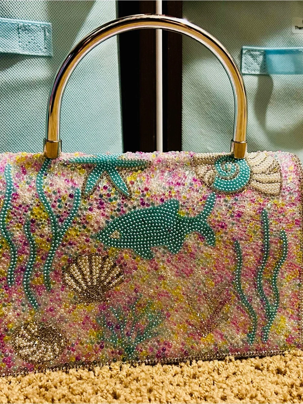 Ocean Life Beaded Silver Bag Detachable Purse Strap Silver Tone